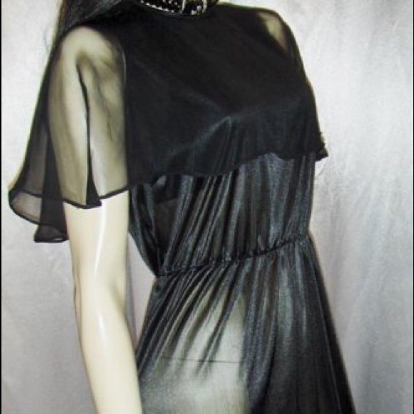 WICKED GOTH GLAM Sheer Black VTG 70s Disco Dress - Picture 4 of 5